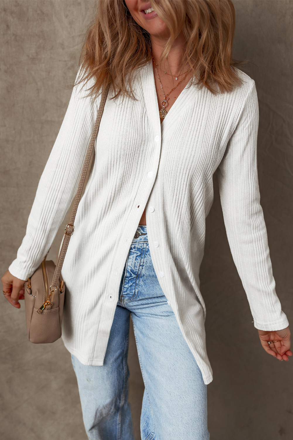 White Solid Color Ribbed Button up Tunic Cardigan view 6