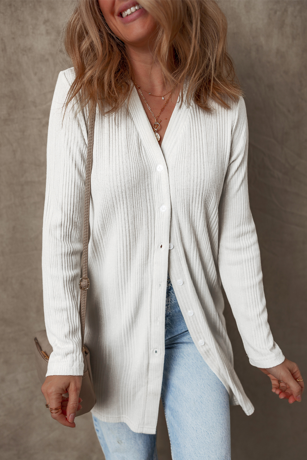 White Solid Color Ribbed Button up Tunic Cardigan view 5
