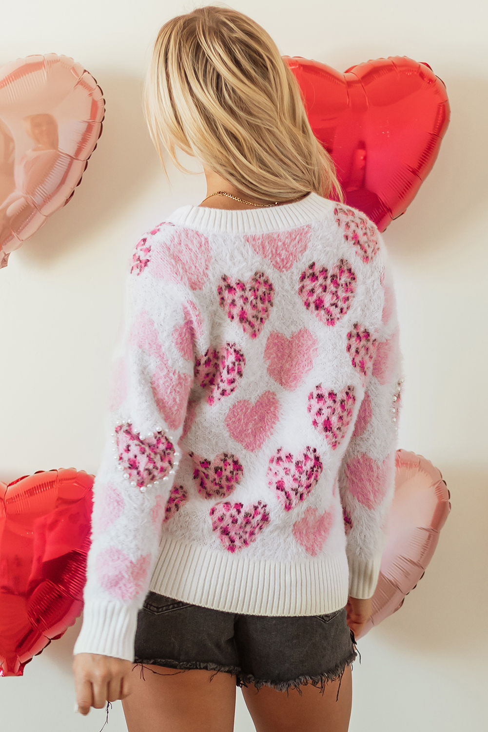 Pink Heart Leopard Print Pearled Ribbed Trim Fuzzy Sweater view 2