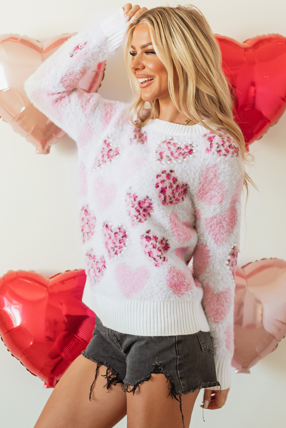 Pink Heart Leopard Print Pearled Ribbed Trim Fuzzy Sweater view 3
