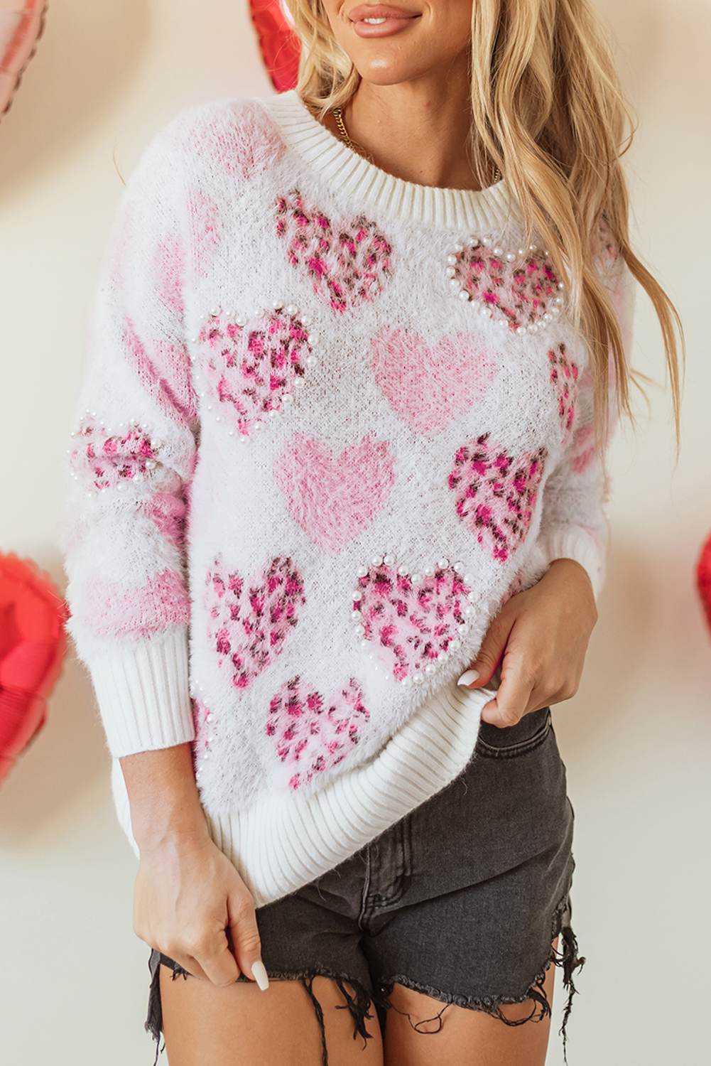 Pink Heart Leopard Print Pearled Ribbed Trim Fuzzy Sweater view 8