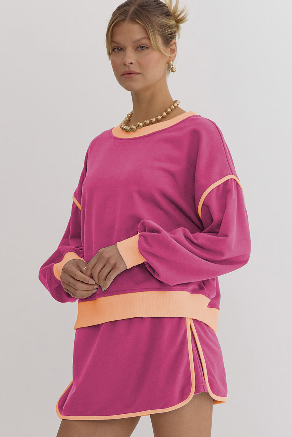 Rose Red Color Contrast Loose Pullover and Lace-up Waist Skort Set view 8