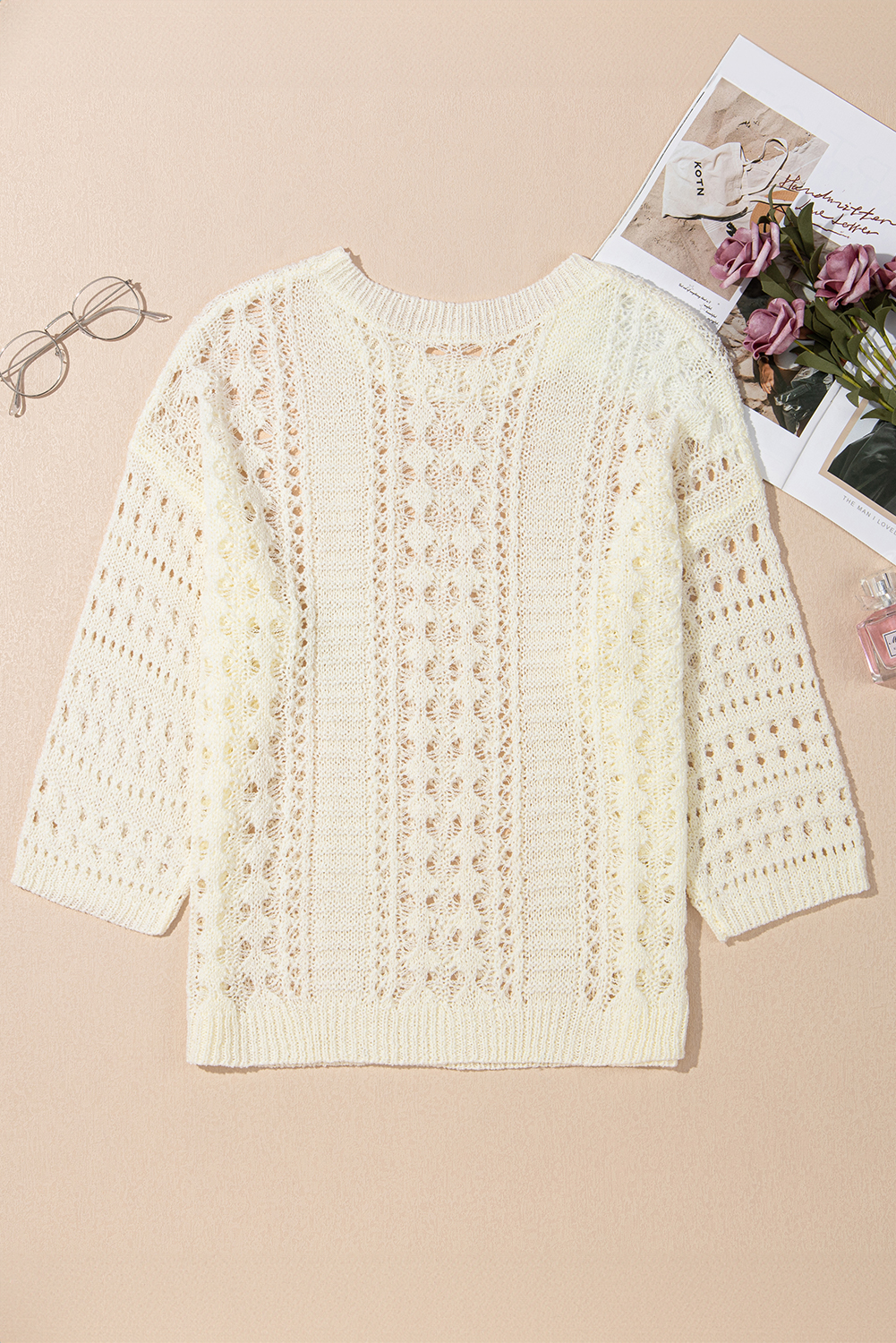 White Hollow Out Knit Bracelet Sleeve Drop Shoulder Sweater view 11