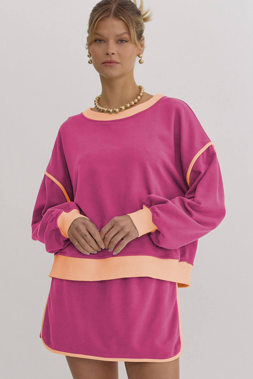 Rose Red Color Contrast Loose Pullover and Lace-up Waist Skort Set view 7