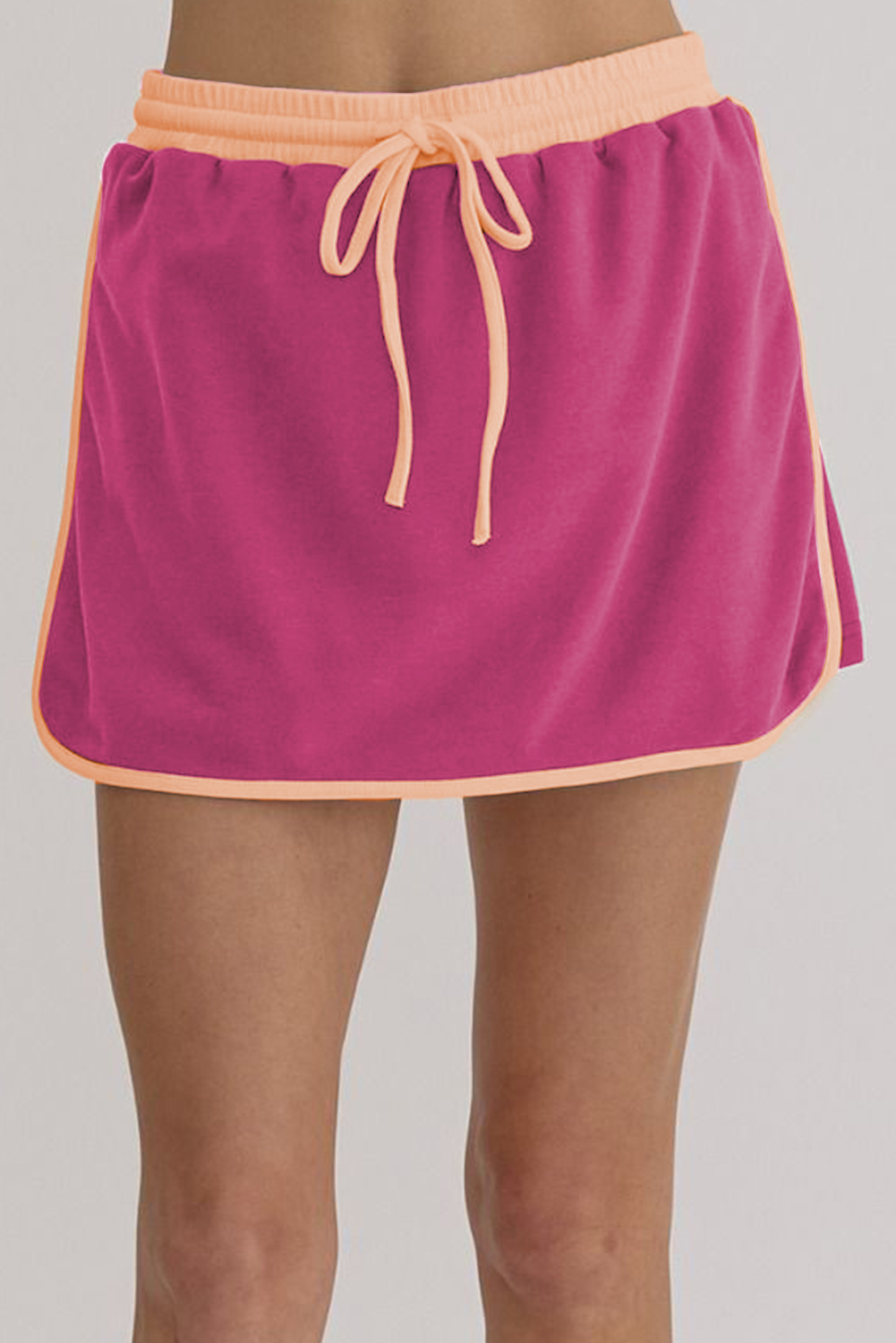 Rose Red Color Contrast Loose Pullover and Lace-up Waist Skort Set view 10