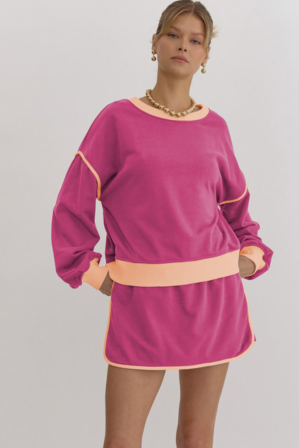 Rose Red Color Contrast Loose Pullover and Lace-up Waist Skort Set view 9