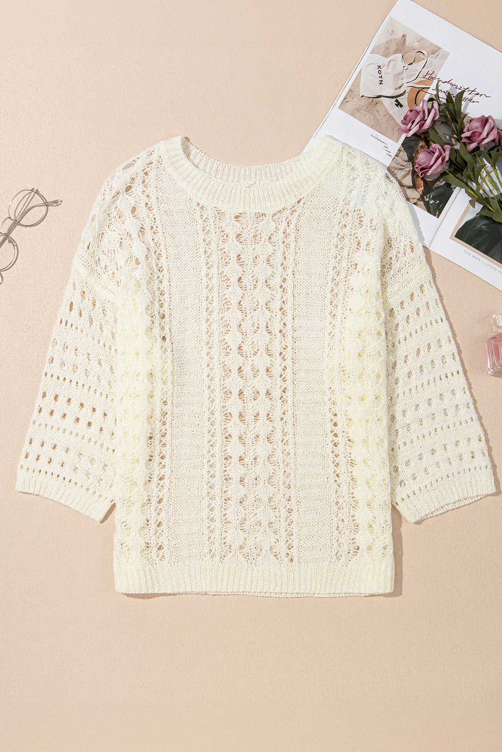 White Hollow Out Knit Bracelet Sleeve Drop Shoulder Sweater view 10