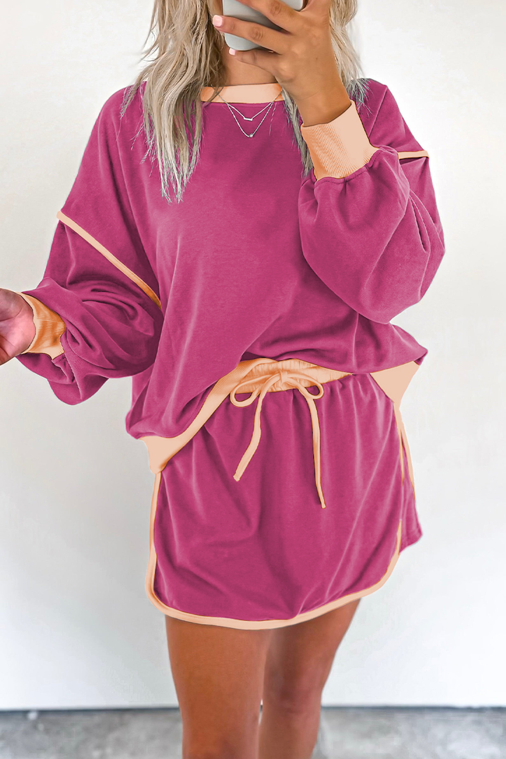 Rose Red Color Contrast Loose Pullover and Lace-up Waist Skort Set view 5