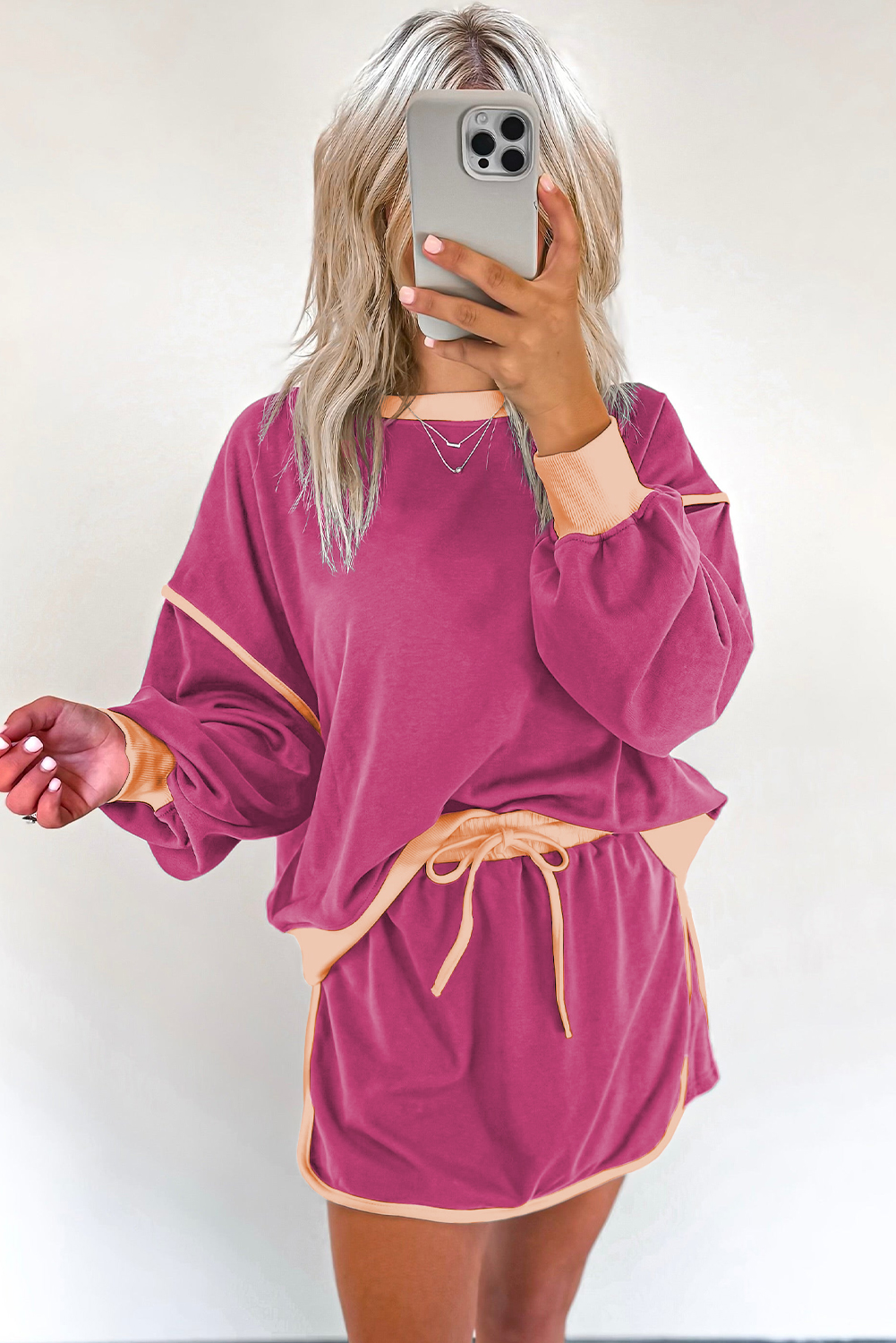 Rose Red Color Contrast Loose Pullover and Lace-up Waist Skort Set view 11