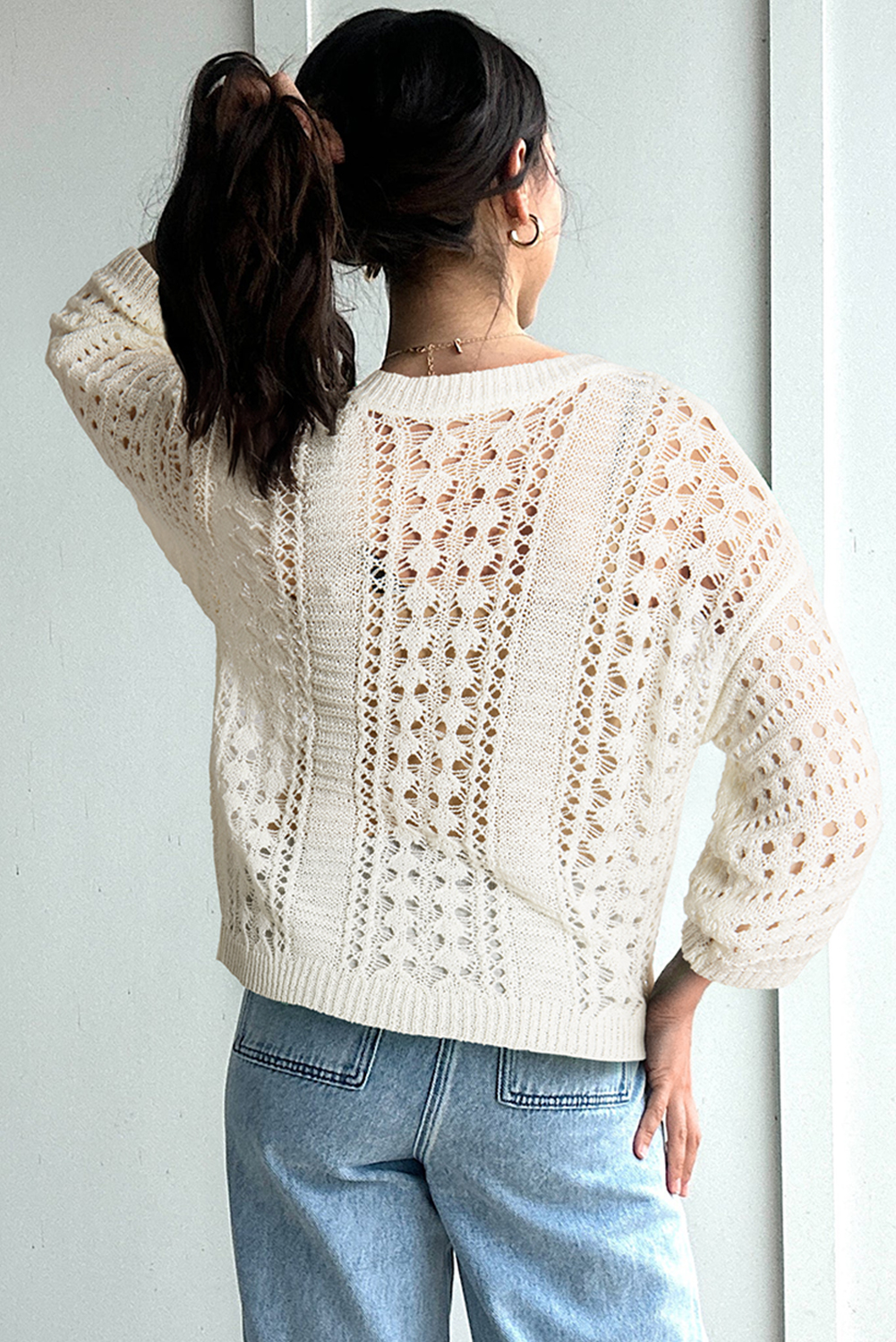 White Hollow Out Knit Bracelet Sleeve Drop Shoulder Sweater view 9