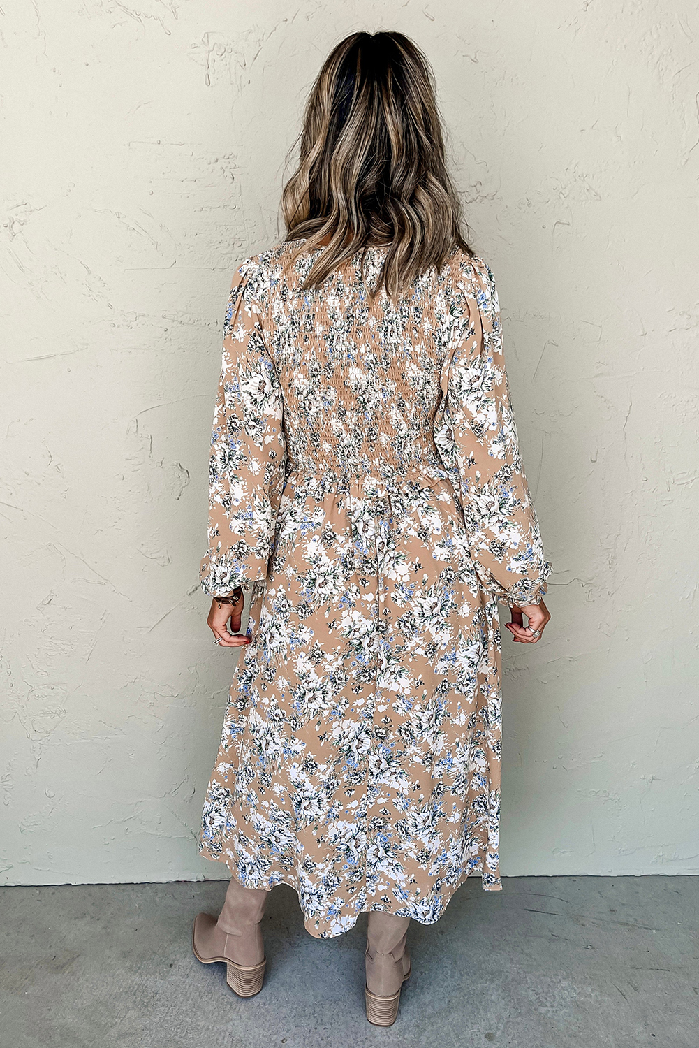 Khaki Maple Grove Floral Smocked Puff Sleeve Long Dress view 10