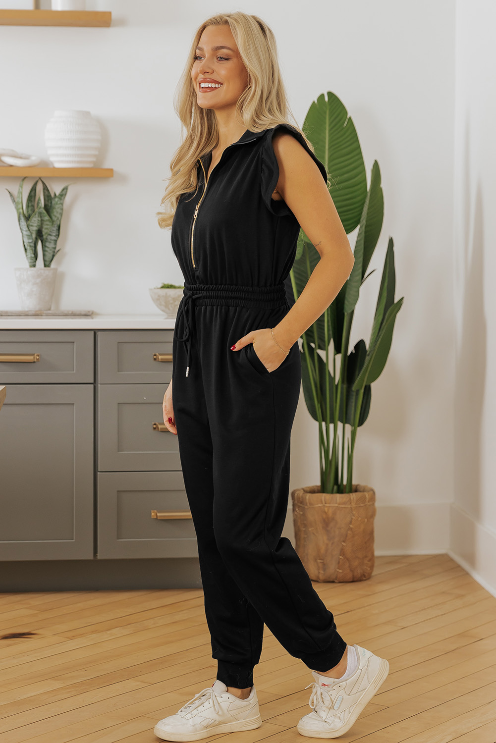Black Zipper Flutter Sleeve Drawstring Elastic Waistband Jumpsuit view 6