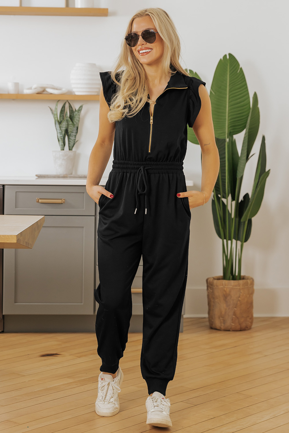 Black Zipper Flutter Sleeve Drawstring Elastic Waistband Jumpsuit view 7
