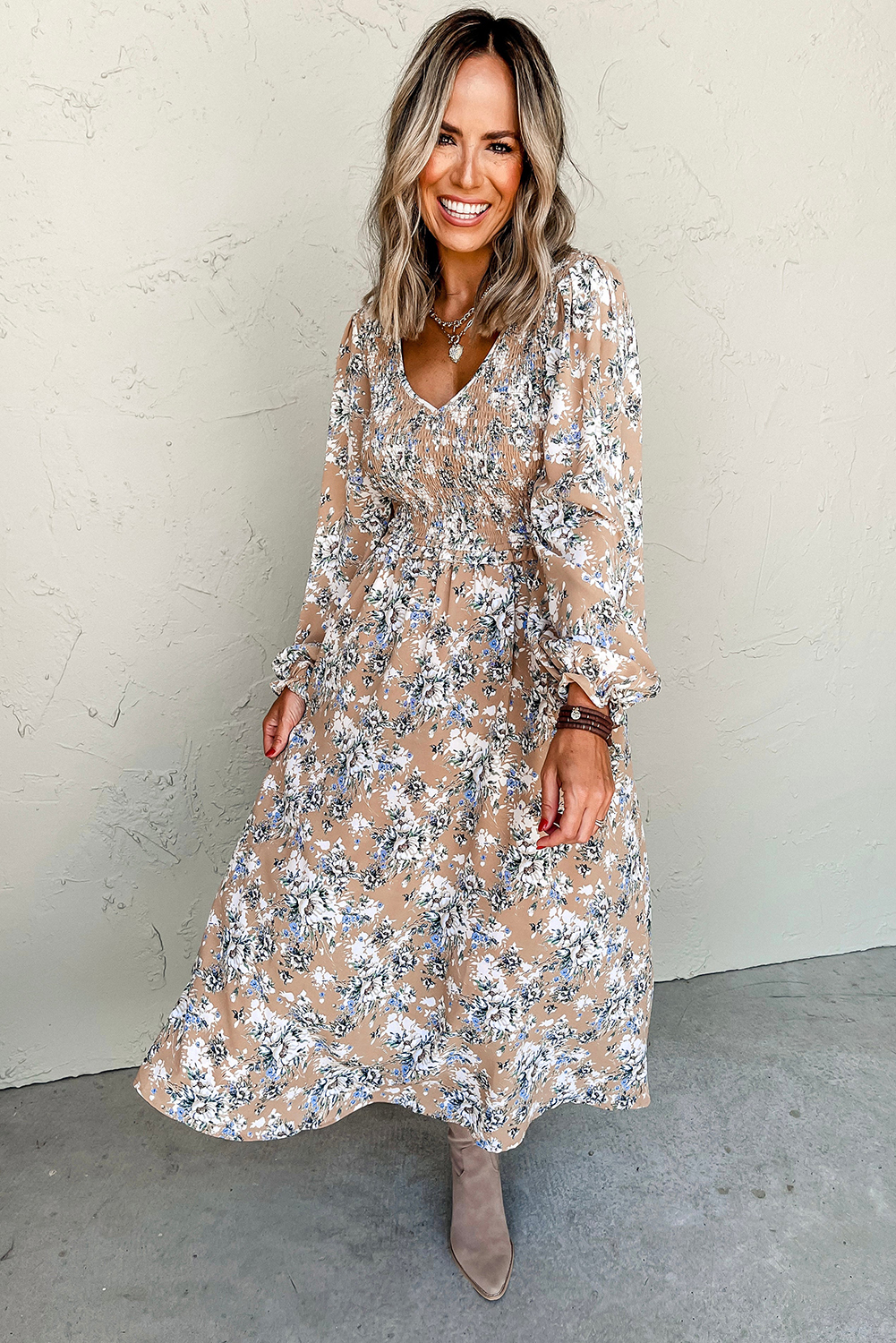Khaki Maple Grove Floral Smocked Puff Sleeve Long Dress view 11
