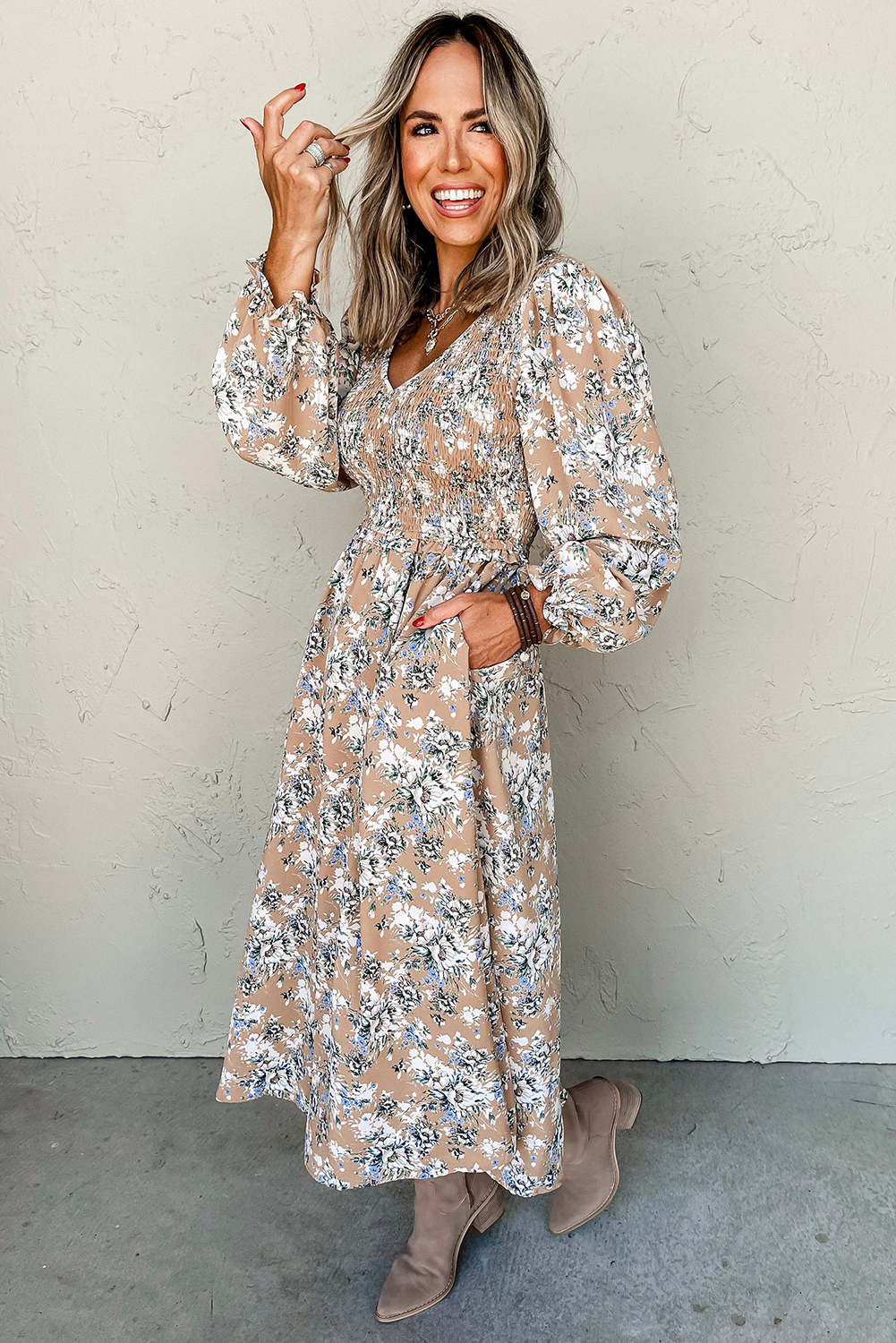 Khaki Maple Grove Floral Smocked Puff Sleeve Long Dress view 12