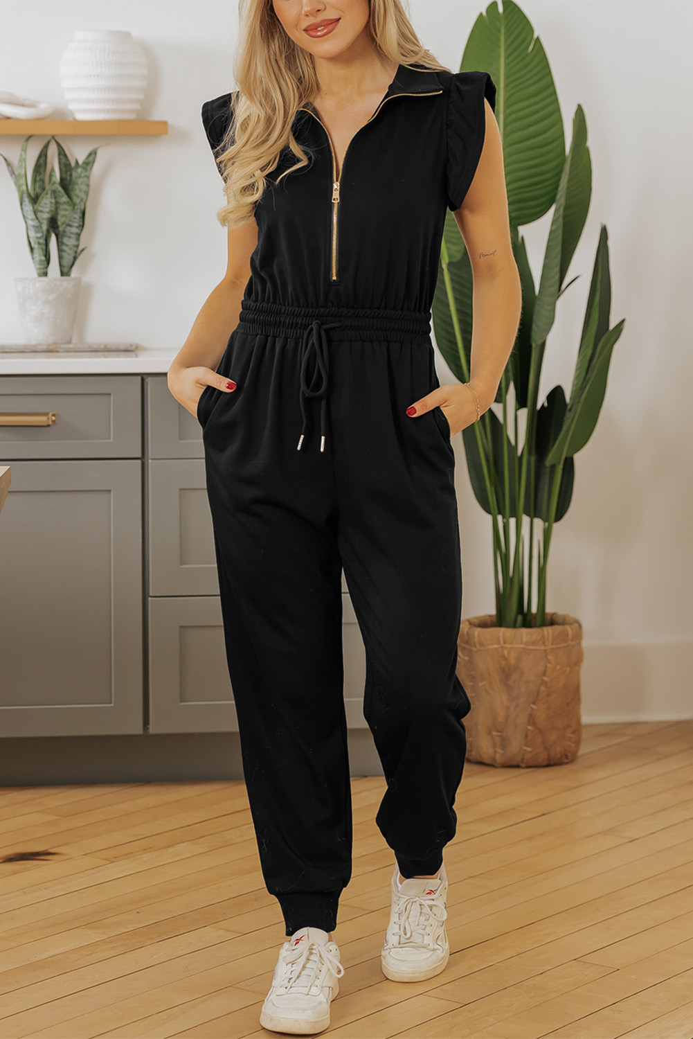 Black Zipper Flutter Sleeve Drawstring Elastic Waistband Jumpsuit view 14