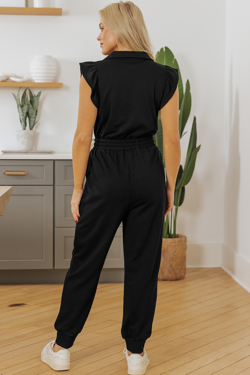 Black Zipper Flutter Sleeve Drawstring Elastic Waistband Jumpsuit view 5