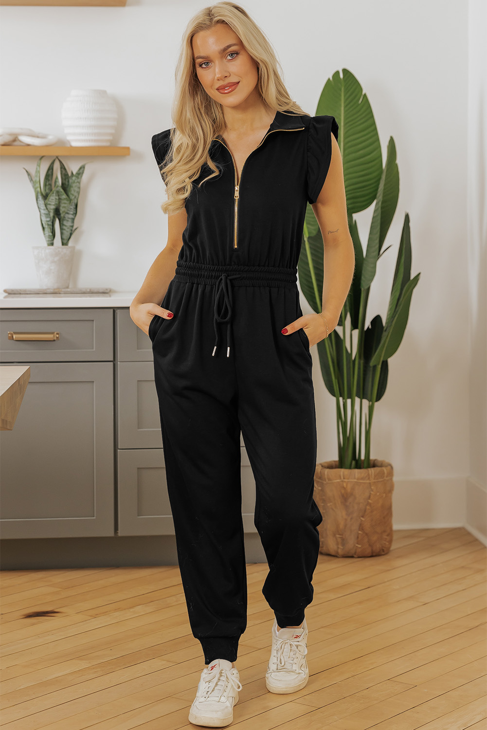 Black Zipper Flutter Sleeve Drawstring Elastic Waistband Jumpsuit view 4