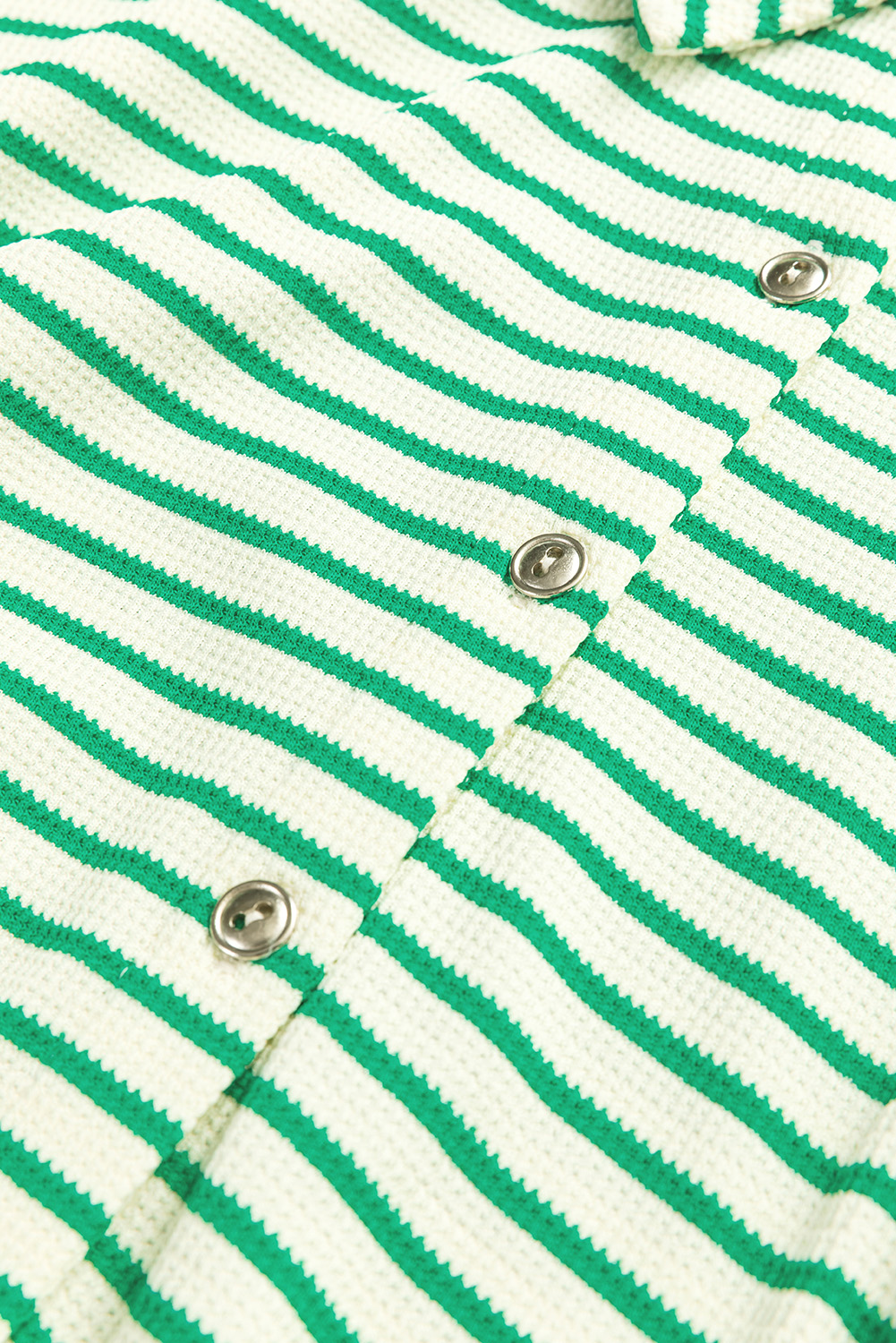 Green Stripe Textured Short Sleeve Collared Buttoned Waist Tie Romper view 20