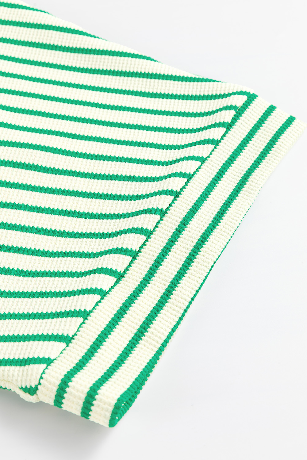 Green Stripe Textured Short Sleeve Collared Buttoned Waist Tie Romper view 21