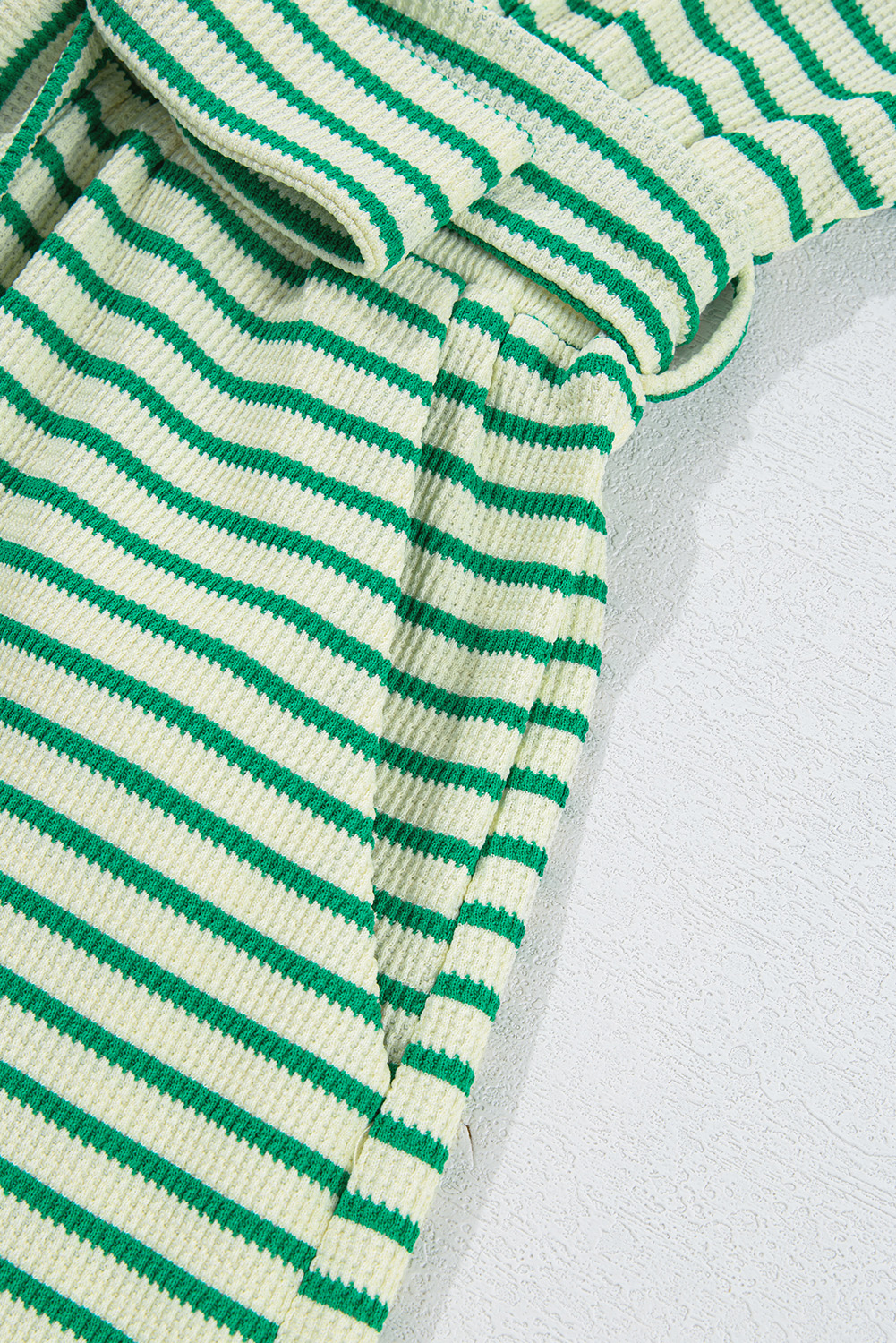 Green Stripe Textured Short Sleeve Collared Buttoned Waist Tie Romper view 26