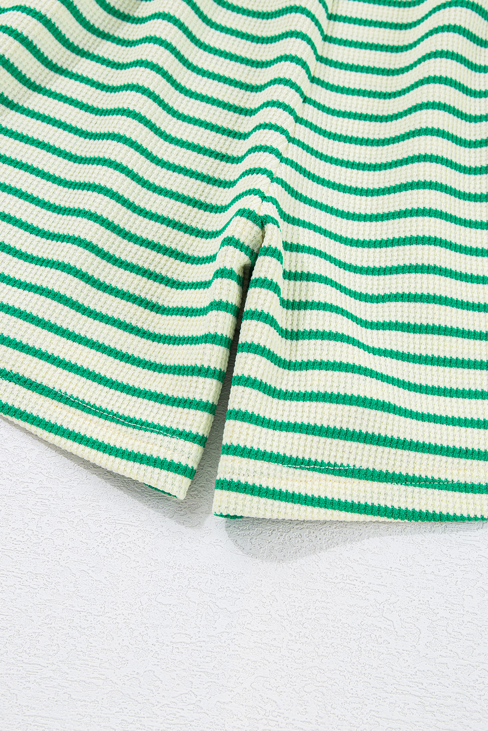 Green Stripe Textured Short Sleeve Collared Buttoned Waist Tie Romper view 28