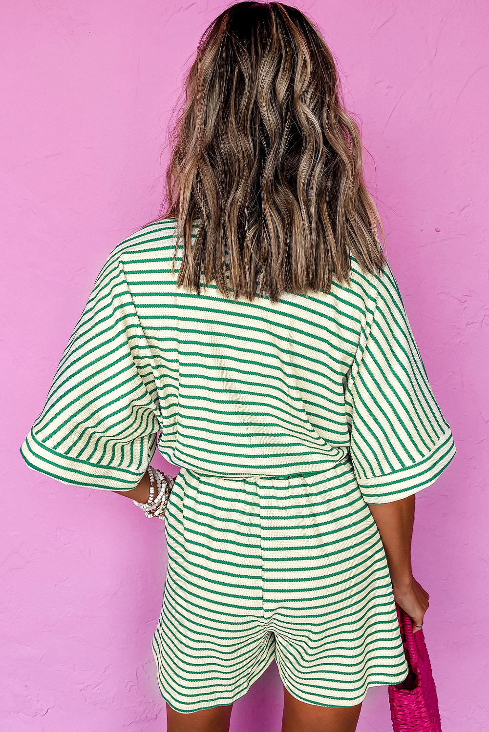 Green Stripe Textured Short Sleeve Collared Buttoned Waist Tie Romper view 10
