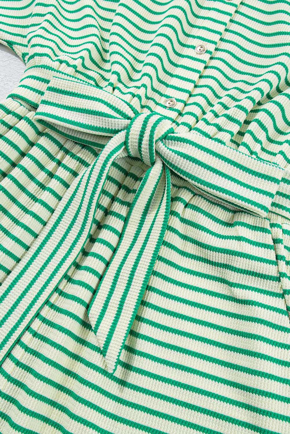 Green Stripe Textured Short Sleeve Collared Buttoned Waist Tie Romper view 24