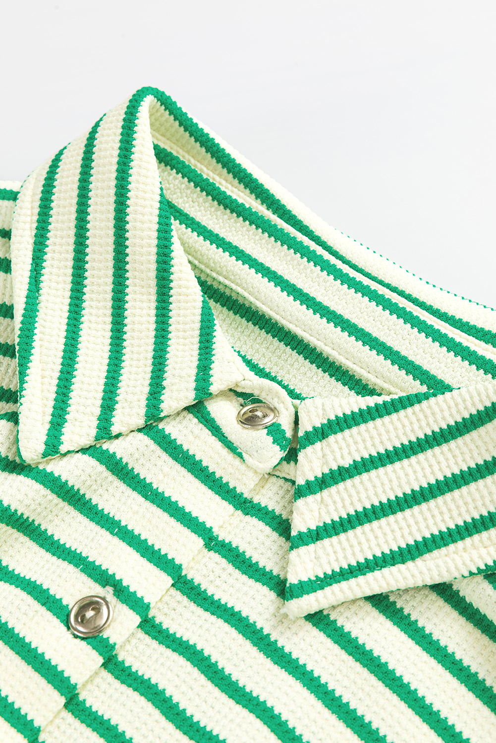 Green Stripe Textured Short Sleeve Collared Buttoned Waist Tie Romper view 17