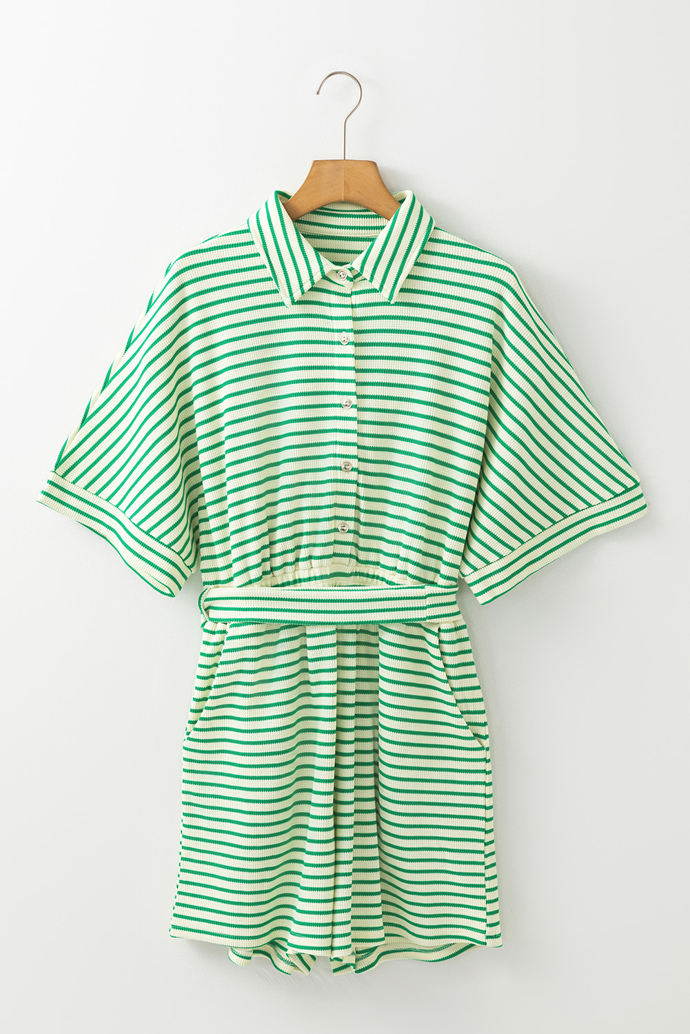 Green Stripe Textured Short Sleeve Collared Buttoned Waist Tie Romper view 15