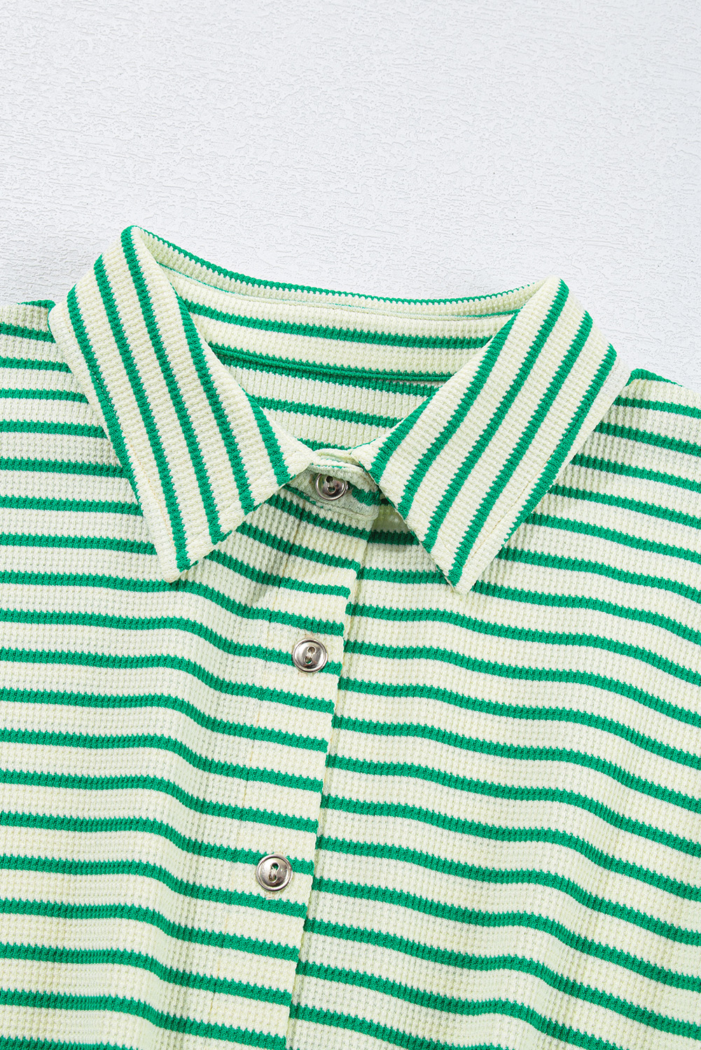 Green Stripe Textured Short Sleeve Collared Buttoned Waist Tie Romper view 22