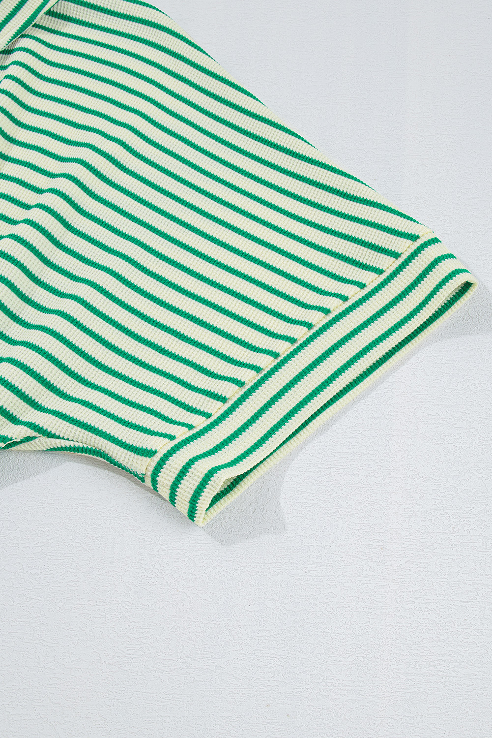 Green Stripe Textured Short Sleeve Collared Buttoned Waist Tie Romper view 25