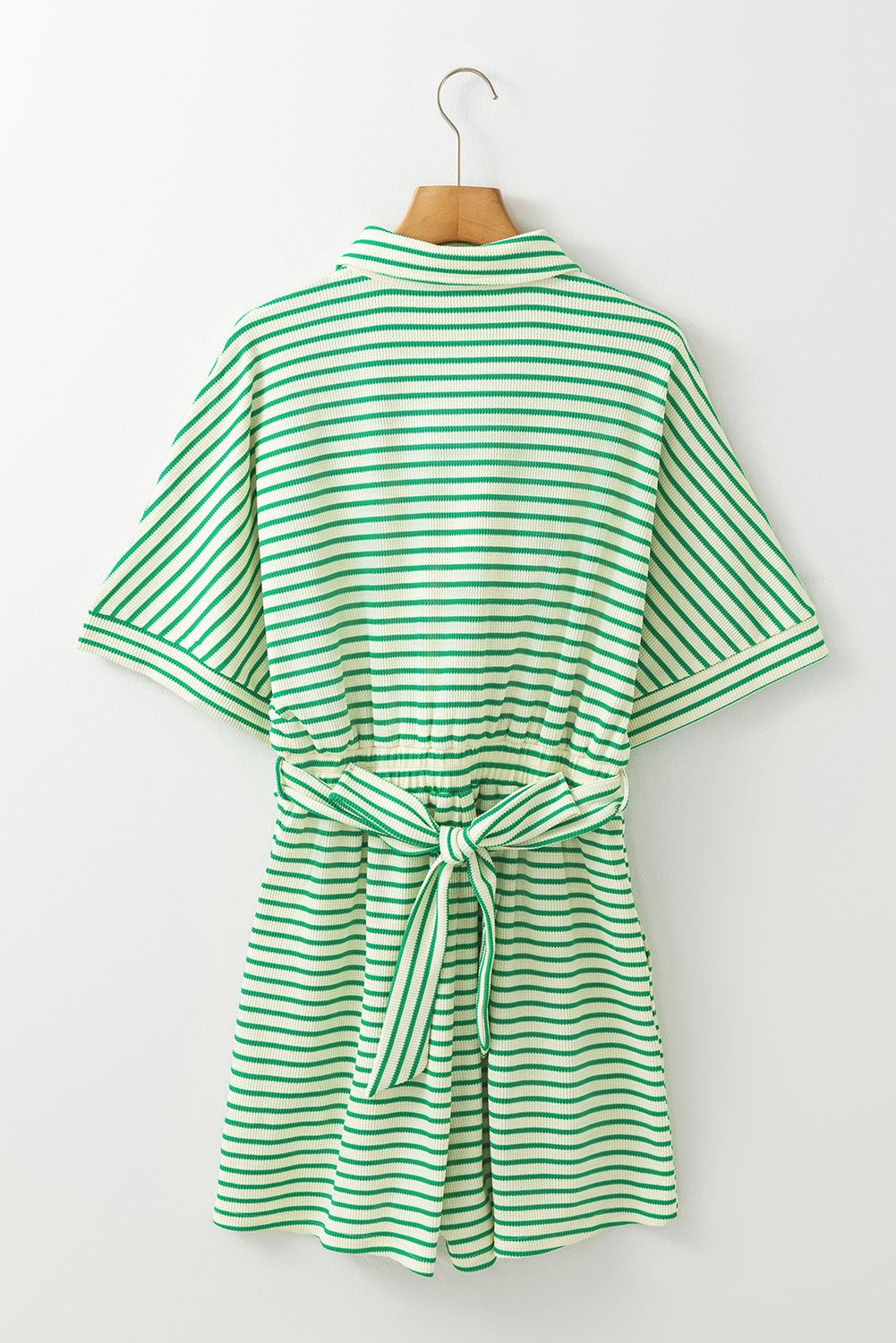 Green Stripe Textured Short Sleeve Collared Buttoned Waist Tie Romper view 16