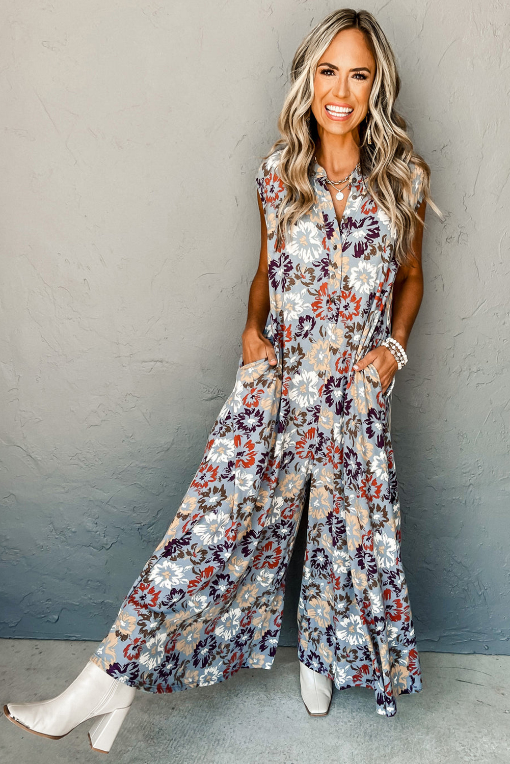 Sky Blue Floral Sleeveless Buttoned Pocketed Wide Leg Jumpsuit view 15