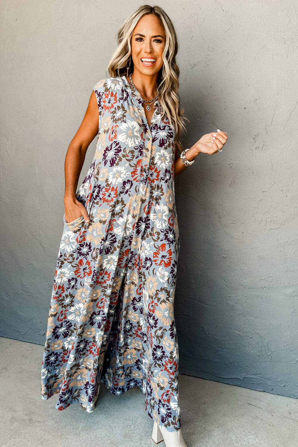 Sky Blue Floral Sleeveless Buttoned Pocketed Wide Leg Jumpsuit view 10