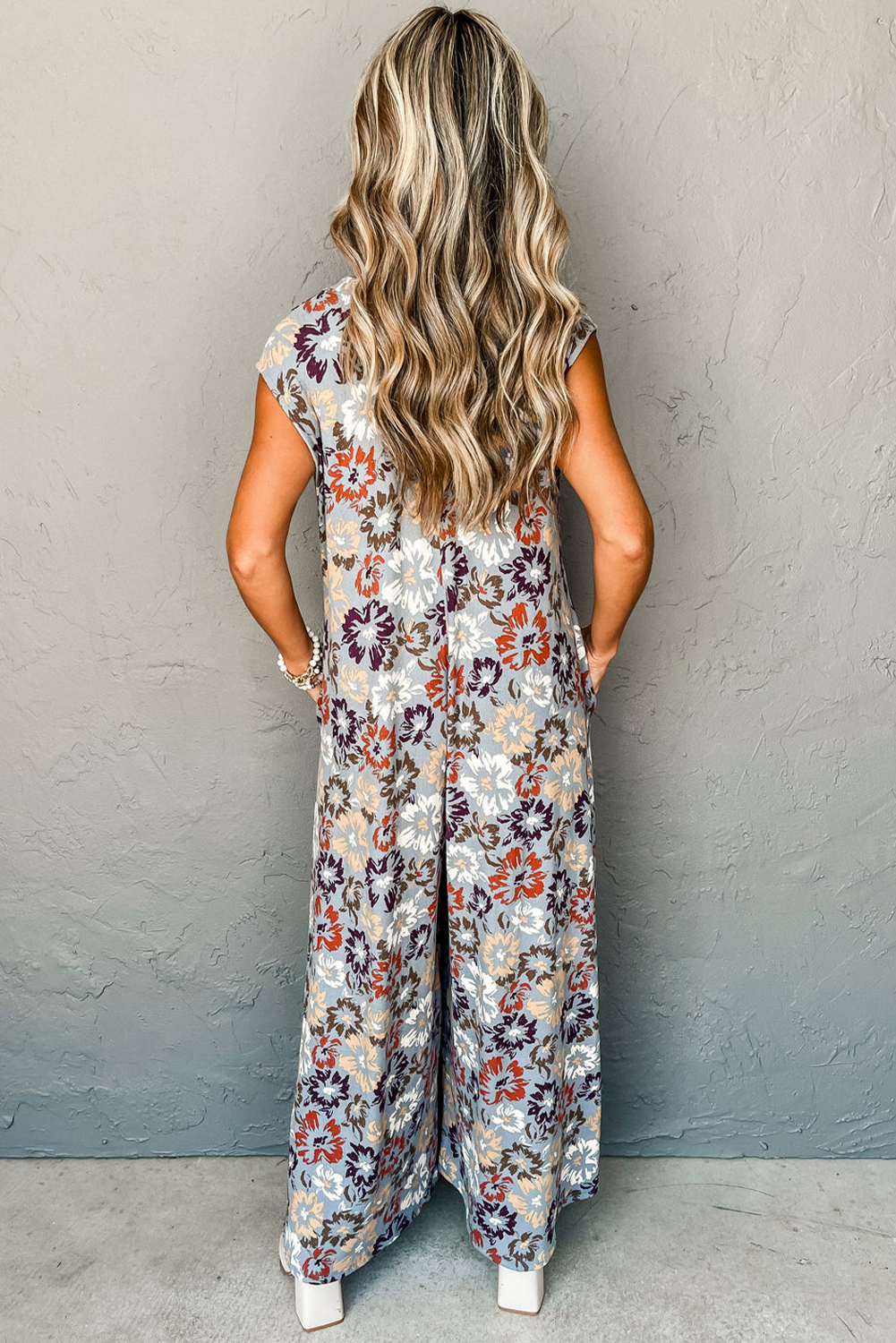 Sky Blue Floral Sleeveless Buttoned Pocketed Wide Leg Jumpsuit view 7