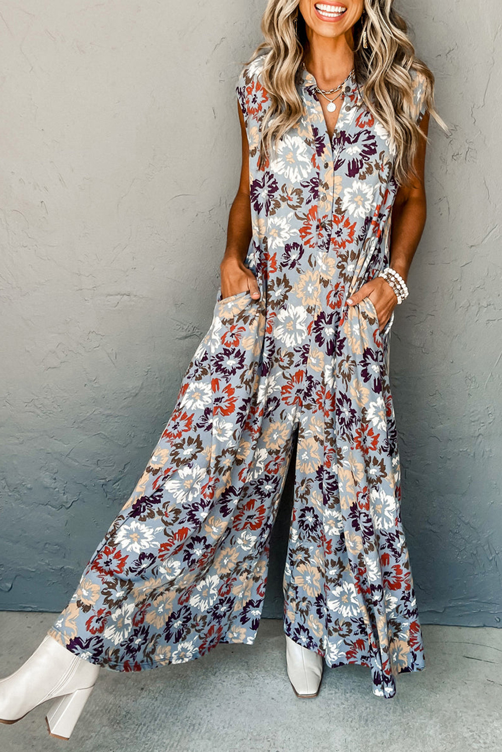 Sky Blue Floral Sleeveless Buttoned Pocketed Wide Leg Jumpsuit view 6