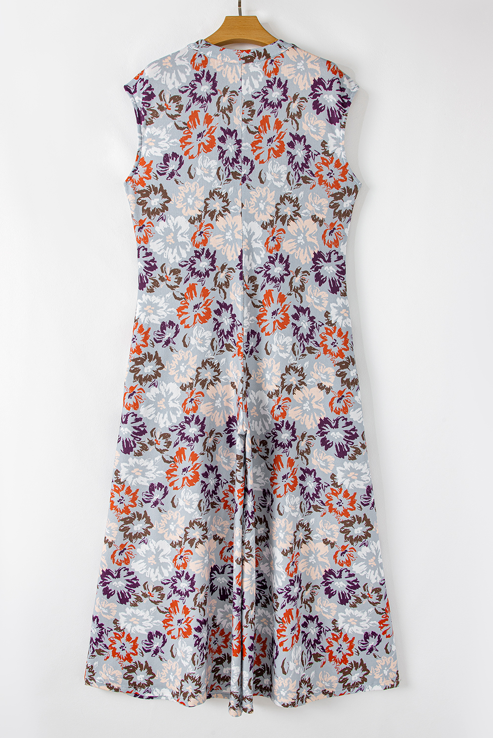 Sky Blue Floral Sleeveless Buttoned Pocketed Wide Leg Jumpsuit view 17