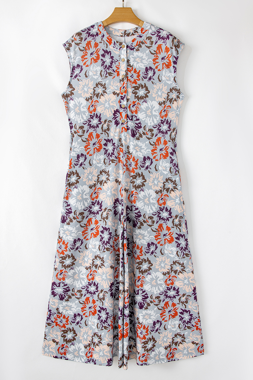Sky Blue Floral Sleeveless Buttoned Pocketed Wide Leg Jumpsuit view 16