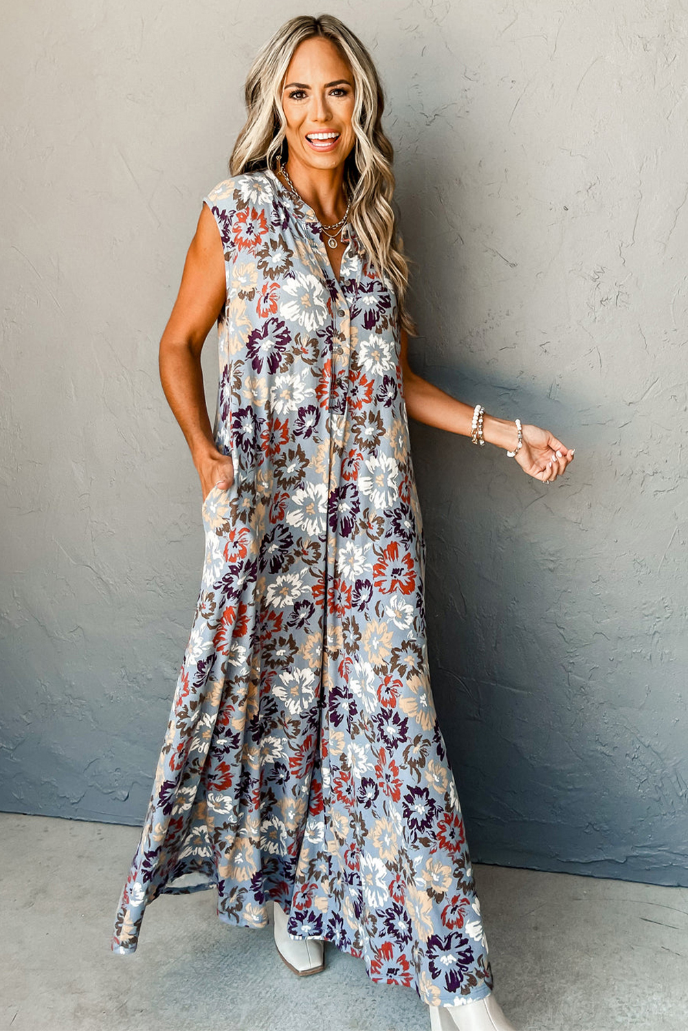 Sky Blue Floral Sleeveless Buttoned Pocketed Wide Leg Jumpsuit view 9