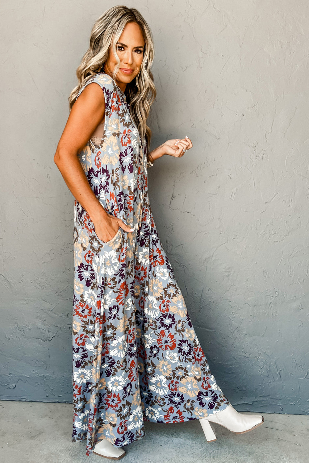 Sky Blue Floral Sleeveless Buttoned Pocketed Wide Leg Jumpsuit view 8