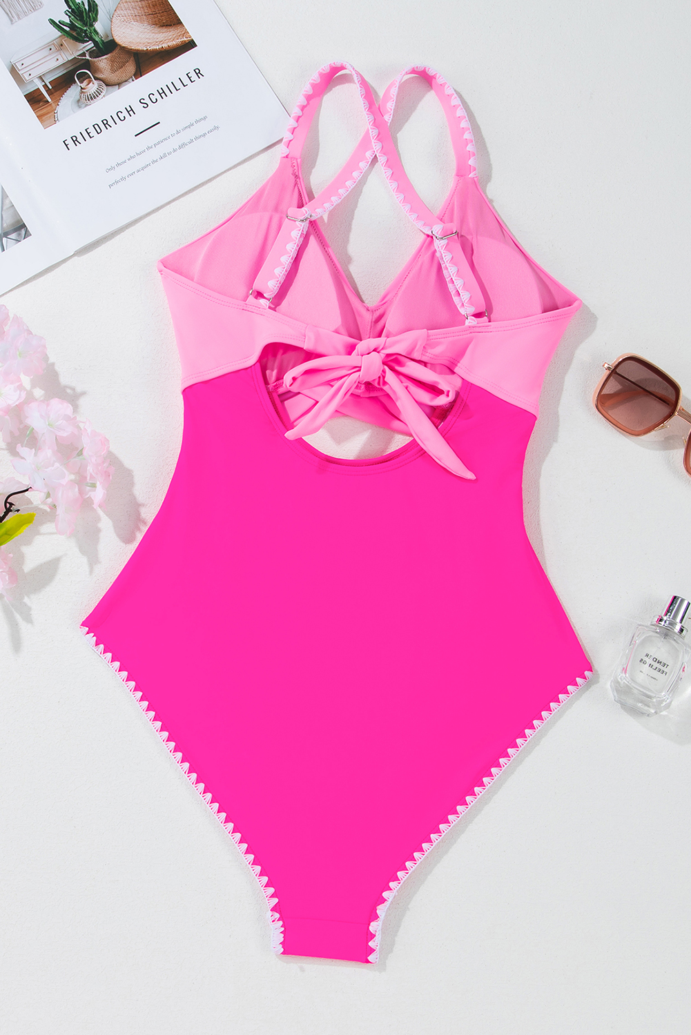 Rose Red Ric Rac Trim Contrasted Patchwork Cutout One Piece Swimsuit view 29