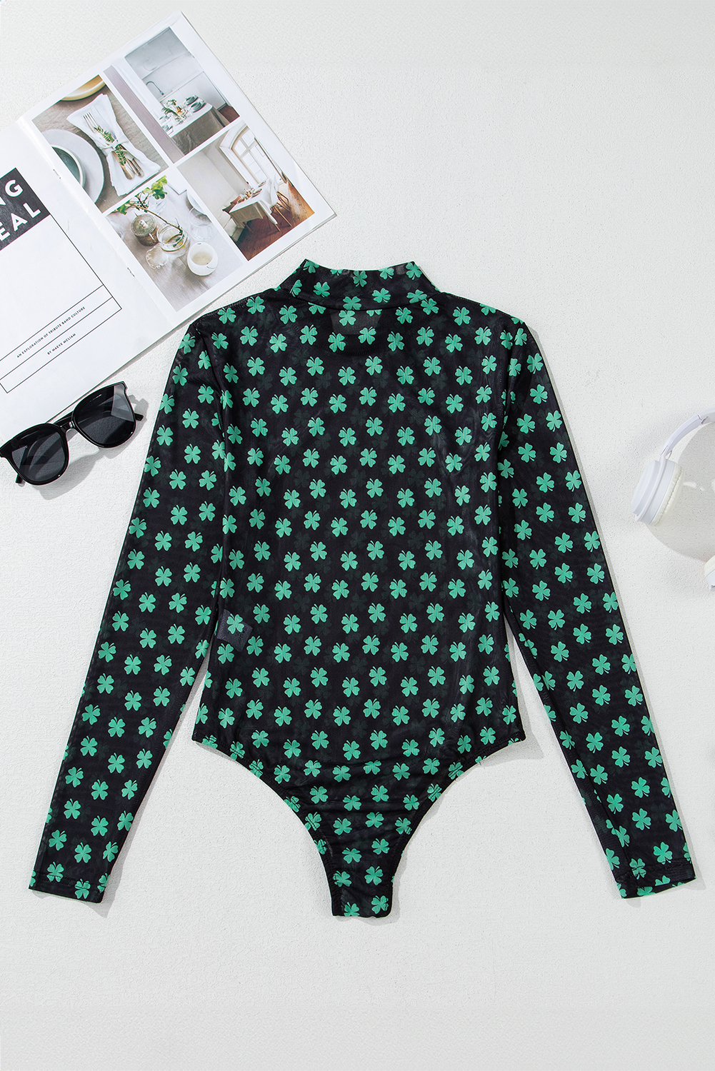 Green St Patrick Shamrock Printed Long Sleeve Mesh Bodysuit view 17
