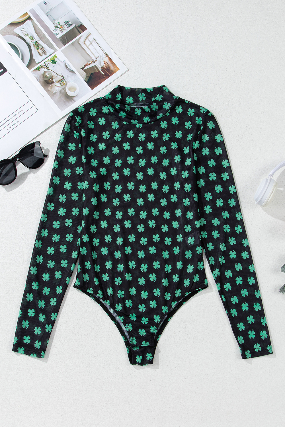 Green St Patrick Shamrock Printed Long Sleeve Mesh Bodysuit view 16