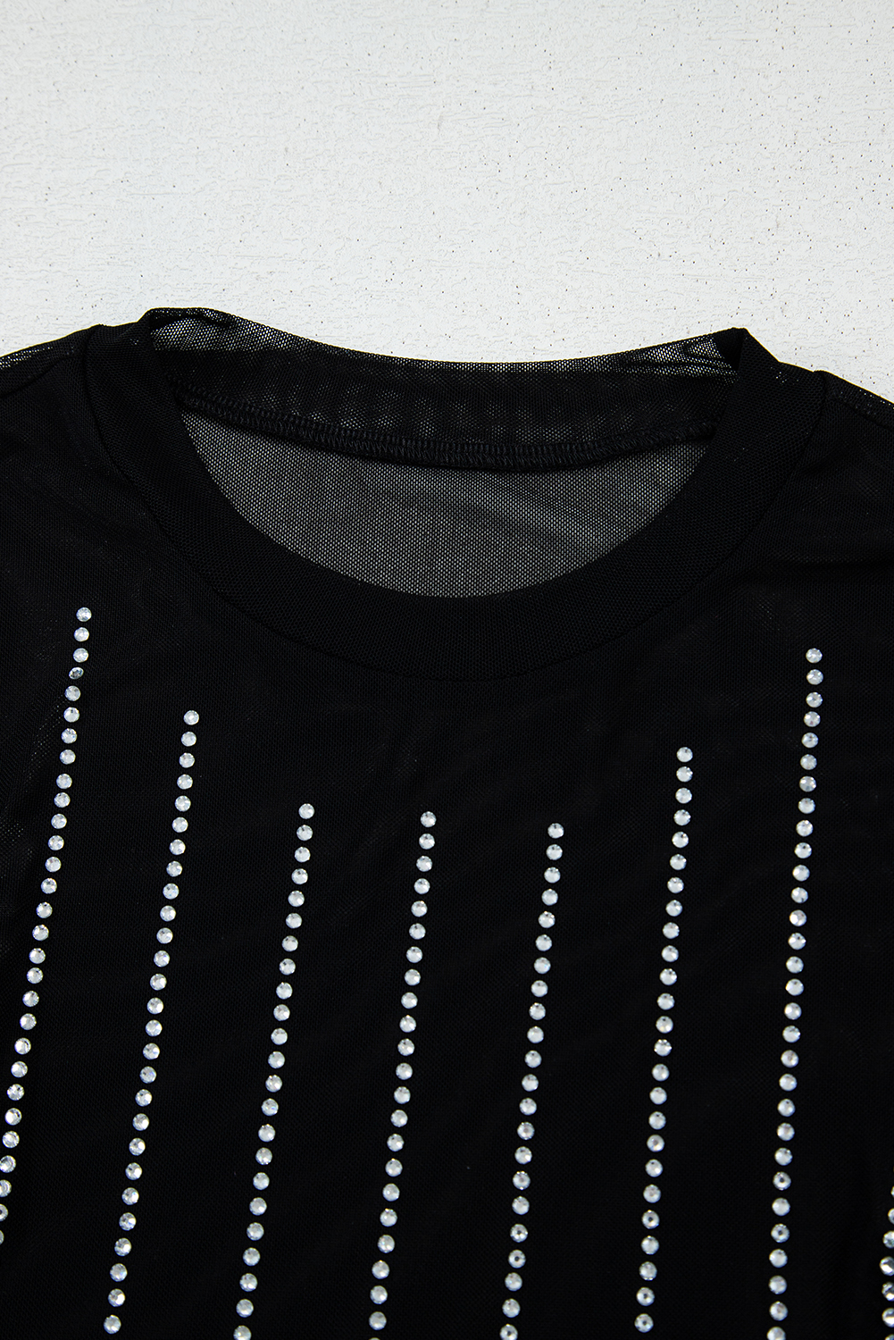 Black Rhinestone Decor Striped Mesh Long Sleeve Bodysuit view 17