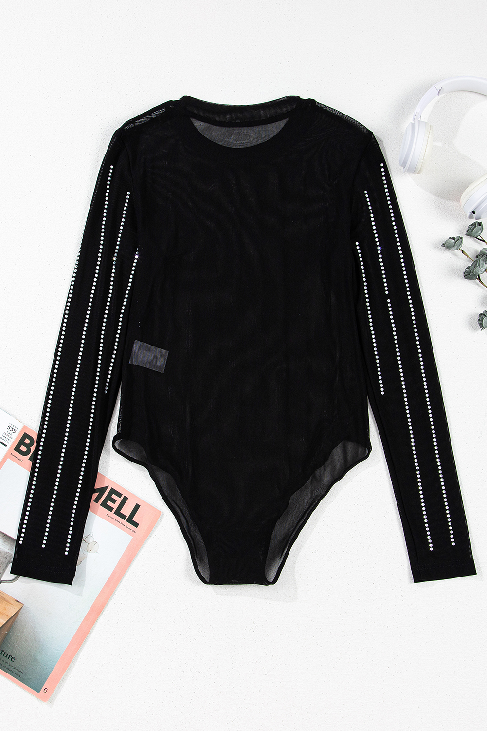 Black Rhinestone Decor Striped Mesh Long Sleeve Bodysuit view 14