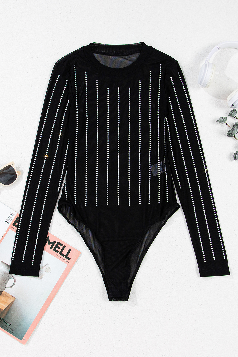 Black Rhinestone Decor Striped Mesh Long Sleeve Bodysuit view 13