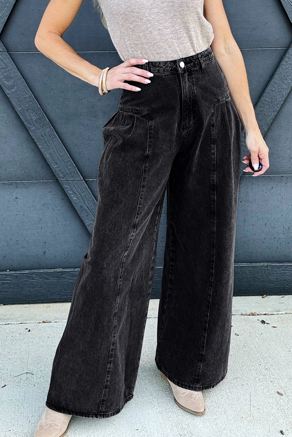 Dark Grey Pleated Wide Leg Mineral Wash Denim Pants view 4