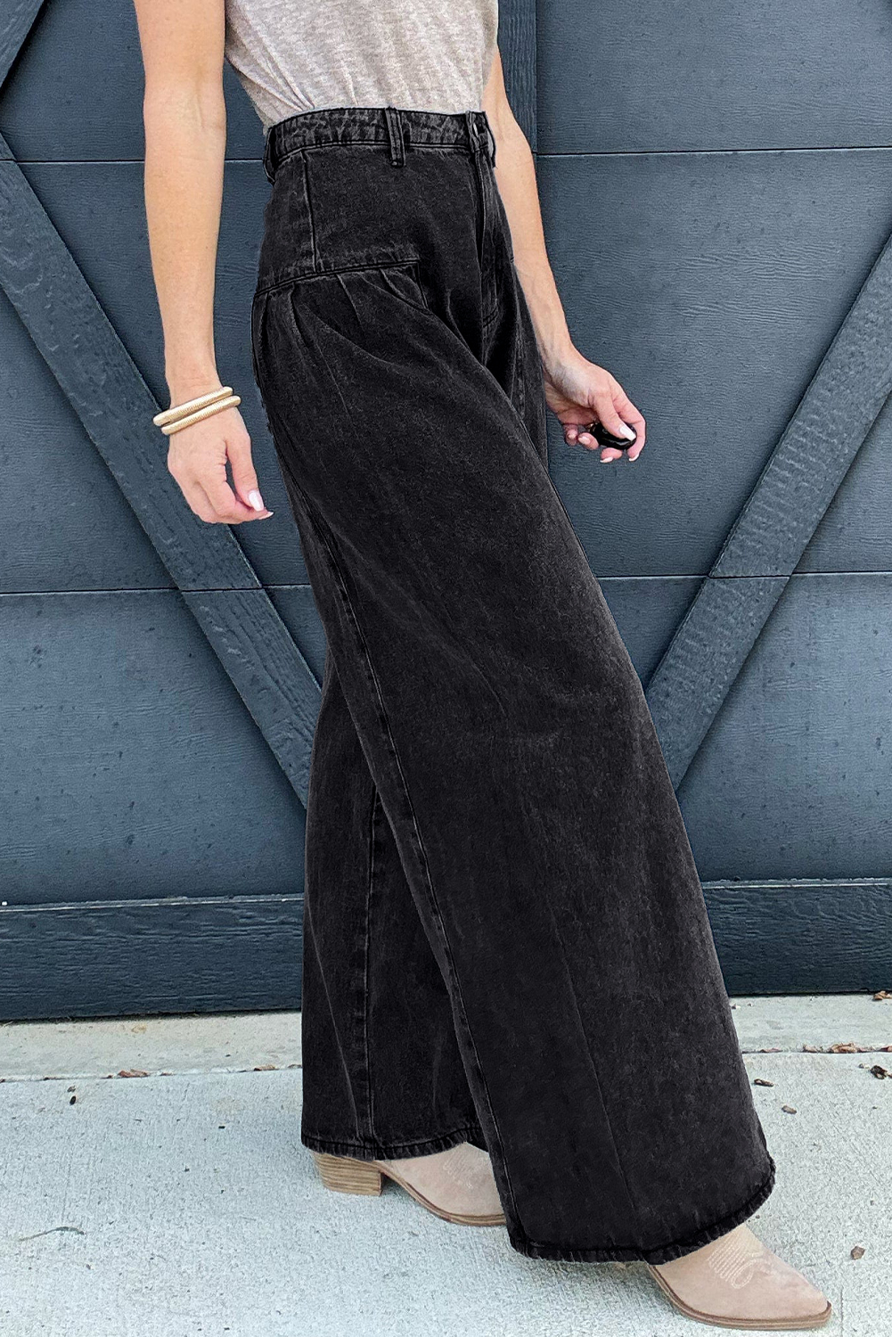 Dark Grey Pleated Wide Leg Mineral Wash Denim Pants view 3