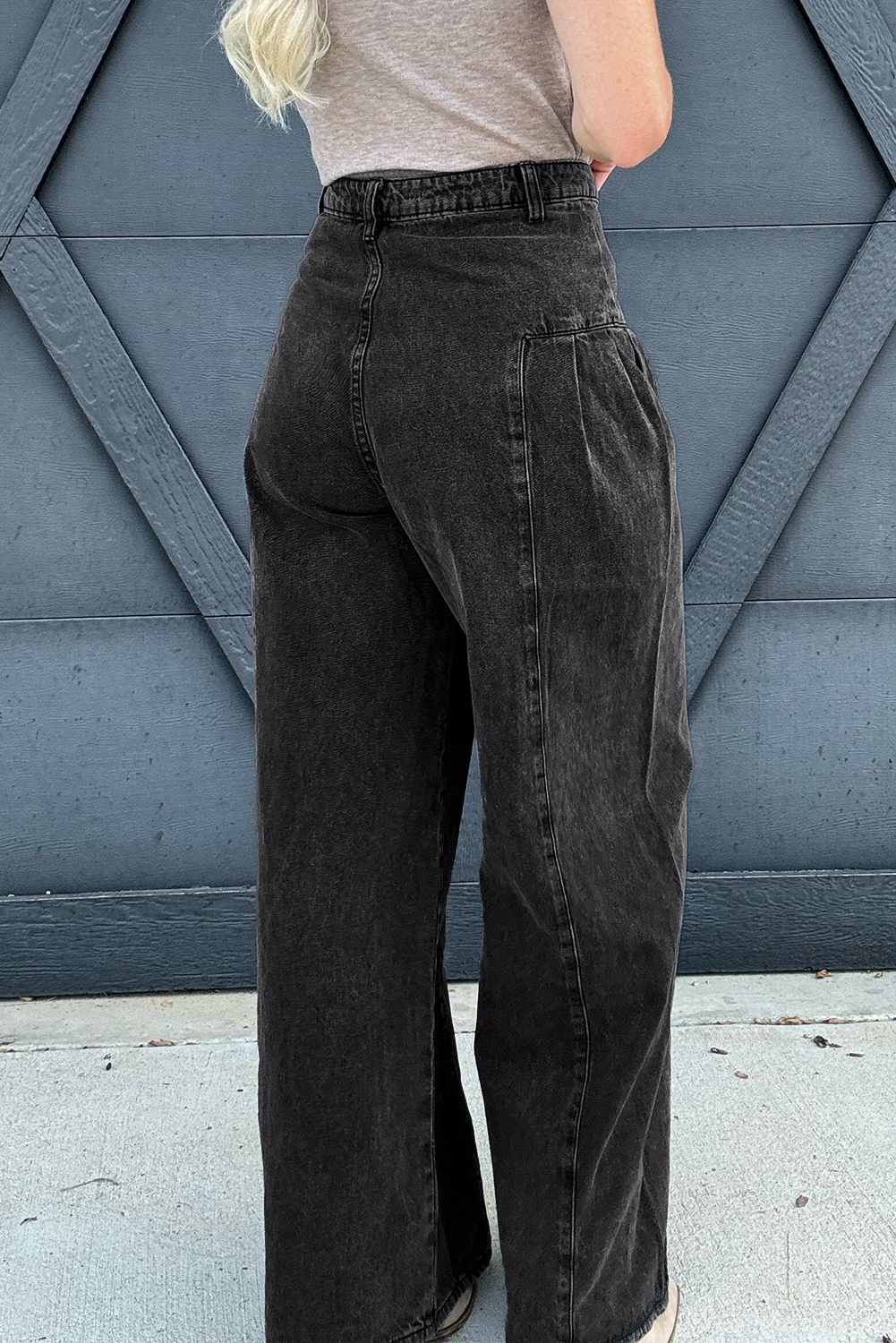 Dark Grey Pleated Wide Leg Mineral Wash Denim Pants view 2